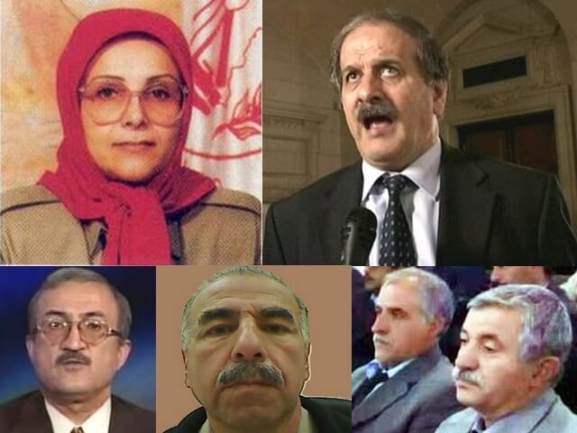 تعدادی از شکنجه گران و زندانبانان من در زندان پادگان اشرف: از سمت راست بالا، مهدی ابریشمچی، مهوش سپهری. پایین از سمت راست، حسن عزتی، بهرام جنت سرایی، محمد صادق سادات دربندی و حسن نظام الملکی